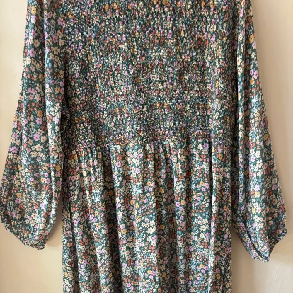 Old Navy Womens XXL Ditsy Floral Smocked Midi Dress Long Sleeve Rayon Boho Multi
